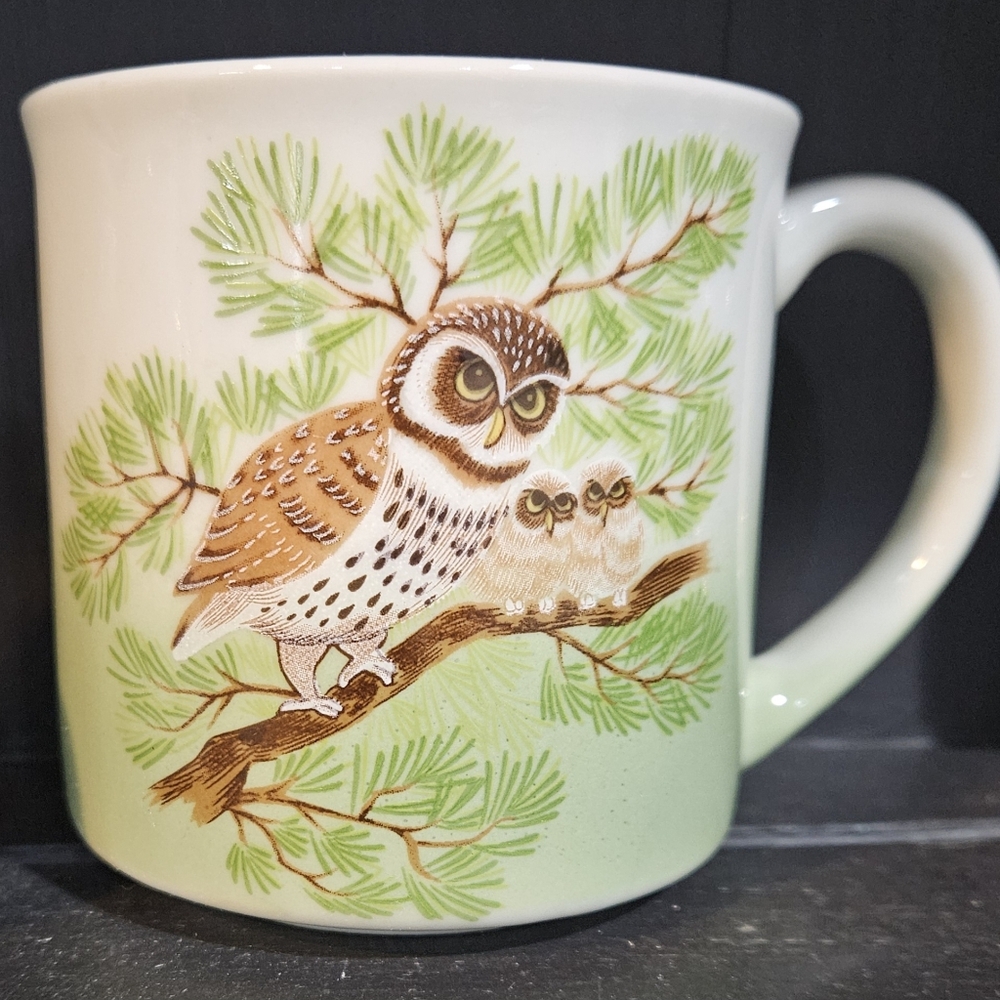 Vintage Ceramic Owl Mug Owl Family 8 oz JAPAN STICKER